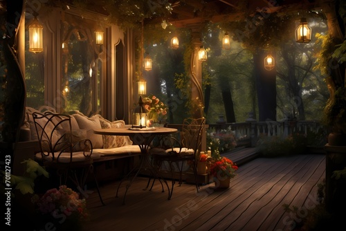 A veranda with a hanging lantern, casting a soft glow and creating a magical atmosphere during the evening hours.