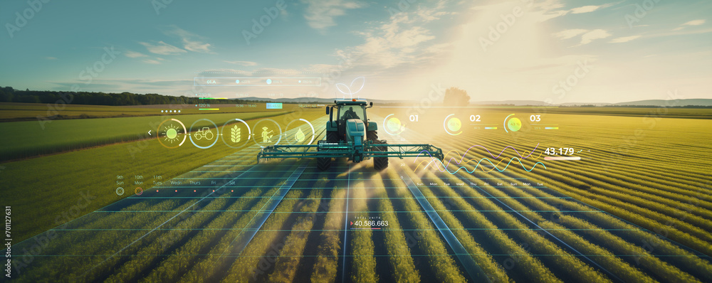 irrigation tractor driving spraying or harvesting an agricultural crop at sunset with information infographic data datum as banner design for agriculture industry and food supply production concepts - obrazy, fototapety, plakaty 