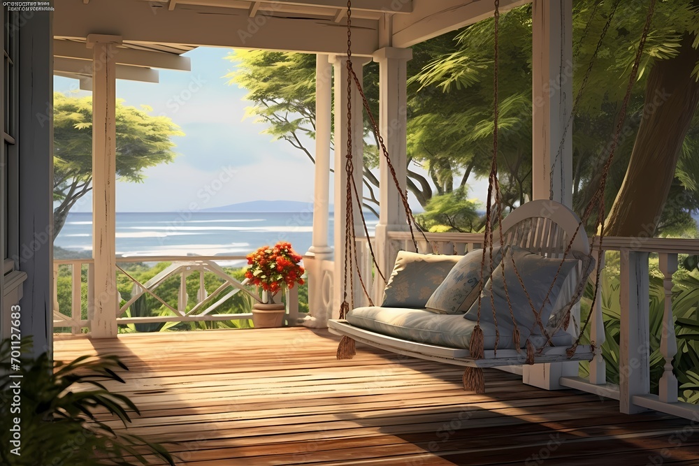 A veranda with a hanging swing, gently swaying in the breeze, offering a peaceful retreat.