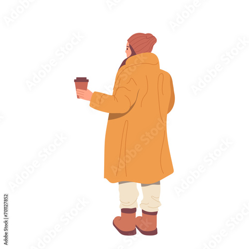 Back view young woman cartoon character wearing winter outwear drinking coffee while walking