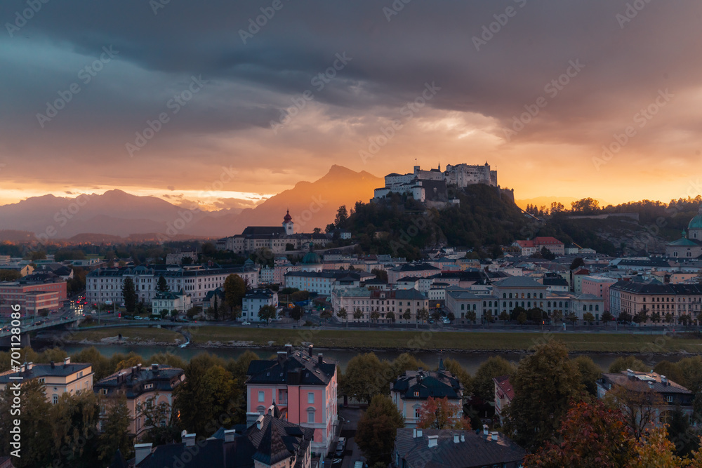 Historic of Salzburg with Hohensalzburg fortress with dramatic sky at sunset, Salzburg Land, Austria