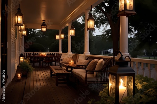 A veranda with a row of hanging lanterns, softly lighting the area and casting a warm and inviting glow.