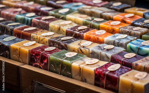 Assortiment of handmade organic herbal soap bars on display in a store, top view