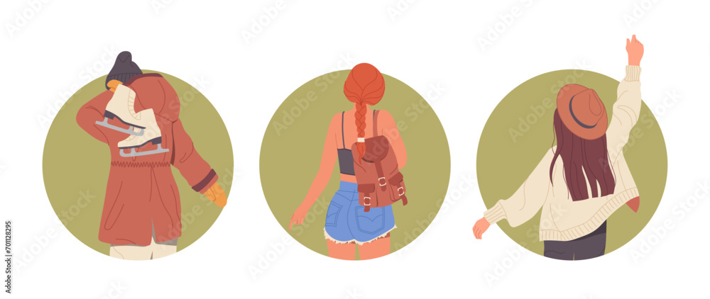 Round composition isolated set with woman cartoon characters wearing clothes of different style Round composition isolated set with woman cartoon characters wearing clothes of different style