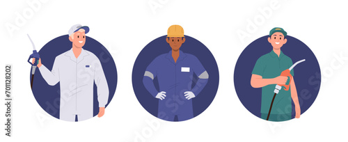 Gas station workers, mechanics, technicians cartoon characters isolated round icon composition set