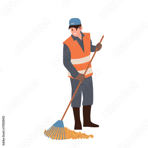 Man street cleaners cartoon character wearing uniform sweeping fallen autumn leaves with rake