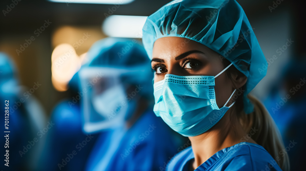 Portrait of a female surgeon at work in a operating room. Blurred background. Medical concept. Portrait of a female surgeon at work in a operating room. Blurred background. Medical concept.