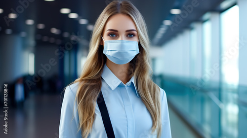 Portrait of a young woman in a medical mask in the corridor. Blurred background. Medical concept.
