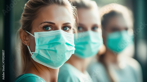 Portrait of beautiful young nurses in medical masks looking at the camera. Selective focus. Medical concept.