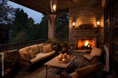 A veranda with a small outdoor fireplace, its crackling flames creating a cozy and inviting atmosphere on chilly evenings. © CREATER CENTER