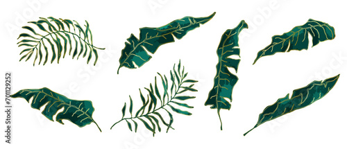 Set of green tropical leaves with golden outline.Decorative botanical elements.Vector graphics.