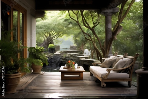 A veranda with a small water feature  its tranquil sounds creating a calming and meditative atmosphere.