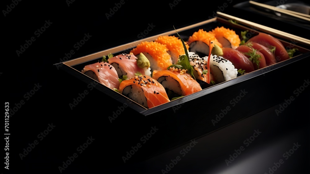 Delicious box of fresh sushi. Assorted rolls and sashimi. A taste of Japan in every bite. Commercial advertisement menu banner with copy space area Delicious box of fresh sushi. Assorted rolls and sashimi. A taste of Japan in every bite. Commercial advertisement menu banner with copy space area
