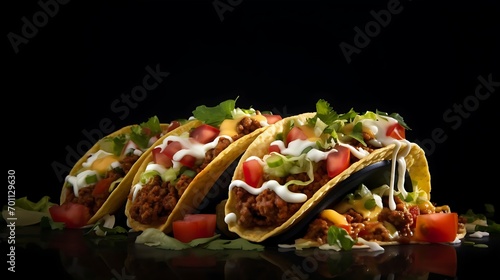 Delicious mexican tacos, minced meat and vegetables boasting a medley of soaring ingredients and spices served hot and ready to savor. Commercial advertisement menu banner with copy space area photo