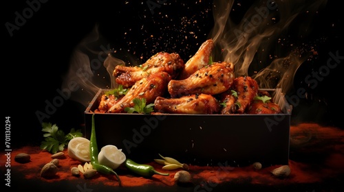 Delicious chicken nuggets, tenders, boneless wings or chiken pieces boasting a medley of soaring spices served hot and ready to savor. Commercial advertisement menu banner with copyspace area photo