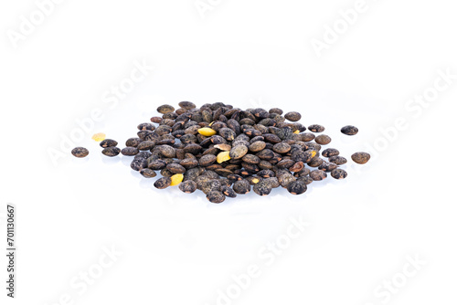 French green lentils isolated on white background  (le puy green lentils PDO, AOC) (Lens esculenta puyensis ) top view macro detail backdrop close-up uncooked raw photo