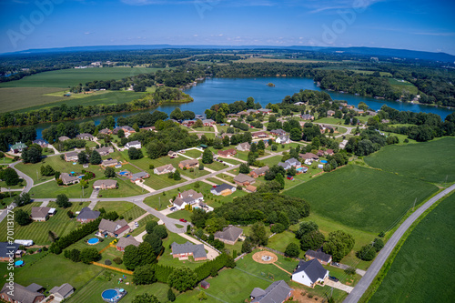 Aerial view of beautiful Lake and waterfront vacation homes, subdivision with mountain view on beautiful Tims Ford Lake in Winchester Tennessee