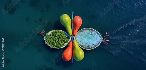 A silver pear, a coral banana, and a jade plum, in a surreal aerial layout, Impressionist style, drone photography, 32K ultra HD