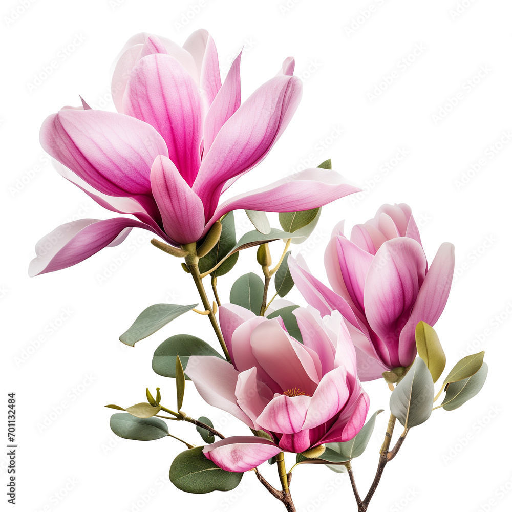 Fototapeta premium Spring season pink magnolia flowers with eucalyptus&nbsp;leaves.