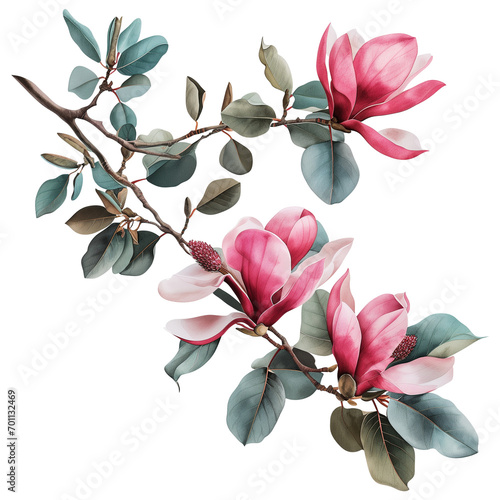 Spring season pink magnolia flowers with eucalyptus leaves.