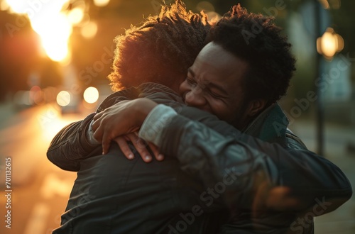 Two black men hug each other. Friendship concept
