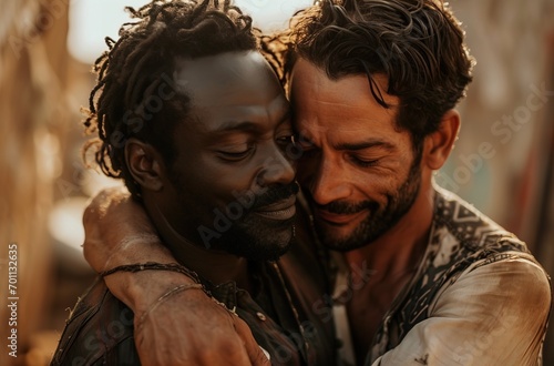 A white man and a black man hug. Love and friendship concept