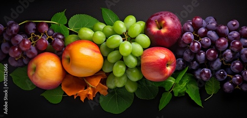 An emerald green apple, a coral orange apricot, and a violet grape cluster, viewed from above, drone photography, Impressionistic style, 32K resolution © Haani