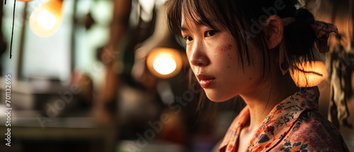 A young Asian woman with a serious expression is looking at the camera while she is working in a store