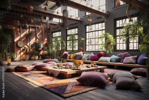Bohemian-inspired spoty yoga space with textured rugs, floor cushions, and tapestry accents for a relaxed vibe