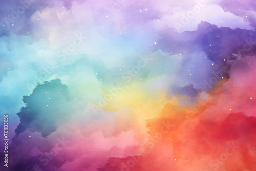 Multicolored watercolor texture transitions smoothly from purple to red, with starry white speckles adding a dreamy, whimsical touch.