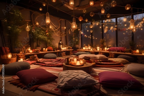 Bohemian-inspired spoty yoga space with textured rugs, floor cushions, and tapestry accents for a relaxed vibe © CREATER CENTER