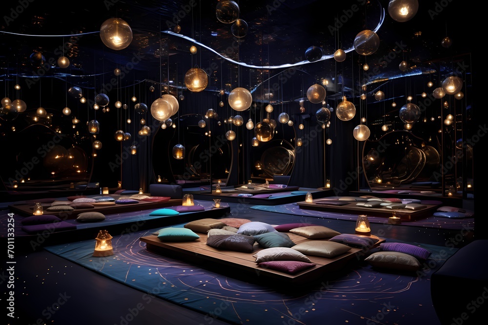 Celestial spoty yoga space with constellation-themed decor, twinkling lights, and a cosmic ambiance