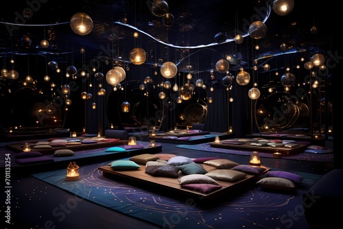 Celestial spoty yoga space with constellation-themed decor, twinkling lights, and a cosmic ambiance