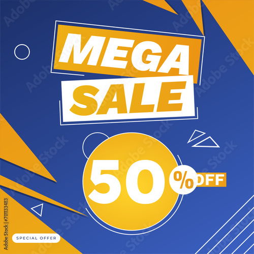 50 percent mega sale special offer banner blue yellow