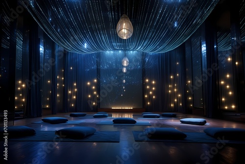 Celestial spoty yoga space with constellation-themed decor, twinkling lights, and a cosmic ambiance photo