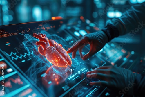 Medicine with futuristic technology. Doctors collaborate with computers, and holograms materialize intricate medical data, symbolizing harmonious future of advanced healthcare digital integration. photo
