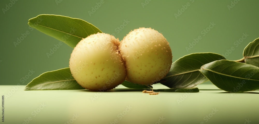 A fresh longan, side-angle, realistic in Agfa Vista 400 style, against a light green backdrop, with diffused and soft light.