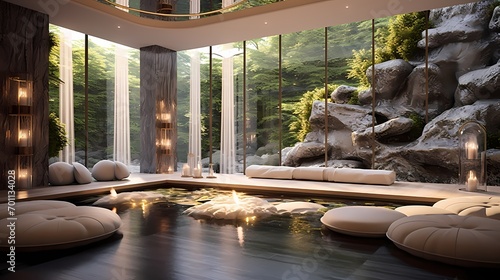 Chic meditation room with spoty decor, plush cushions, and a focal point waterfall feature for relaxation