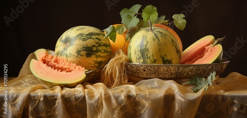 A sophisticated arrangement of casaba melon, crenshaw melon, and Persian melon on a pastel gold cloth photo