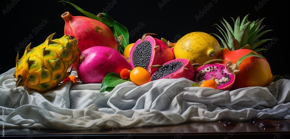 A mix of exotic dragon fruit and ripe mangoes on a pastel silver cloth, capturing their unique textures and bright colors