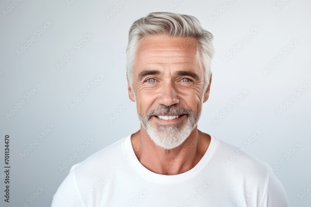 Portrait of handsome mature man in white t-shirt. Isolated on grey background Portrait of handsome mature man in white t-shirt. Isolated on grey background