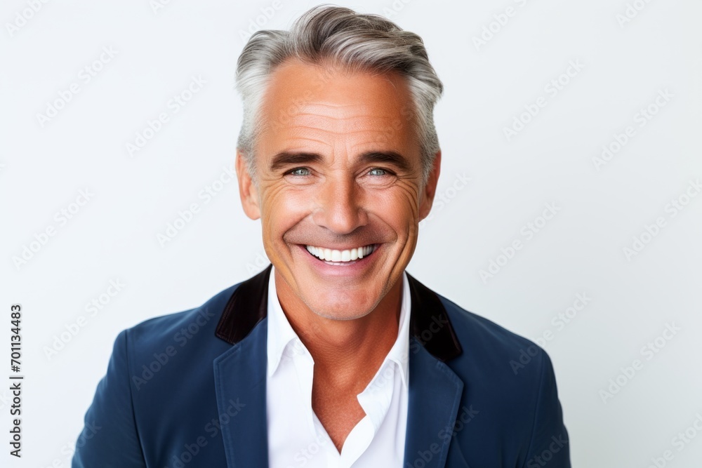 Cheerful mature businessman is looking at camera and smiling while standing against grey background Cheerful mature businessman is looking at camera and smiling while standing against grey background
