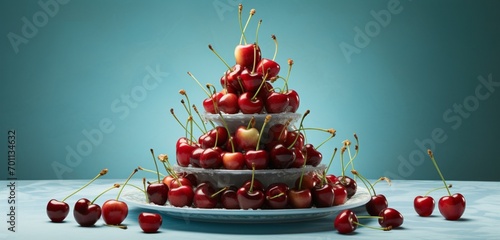 A sophisticated pyramid of sunburst cherries, morello cherries, and sweetheart cherries on a pastel silver-blue cloth photo