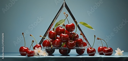 A sophisticated pyramid of sunburst cherries, morello cherries, and sweetheart cherries on a pastel silver-blue cloth photo