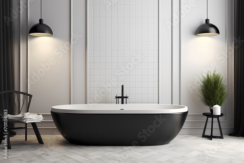 Chic modern classic minimalist bathroom interior featuring a stylish bathtub  monochromatic tiles  and thoughtful lighting