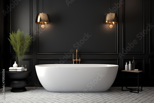 Chic modern classic minimalist bathroom interior featuring a stylish bathtub  monochromatic tiles  and thoughtful lighting
