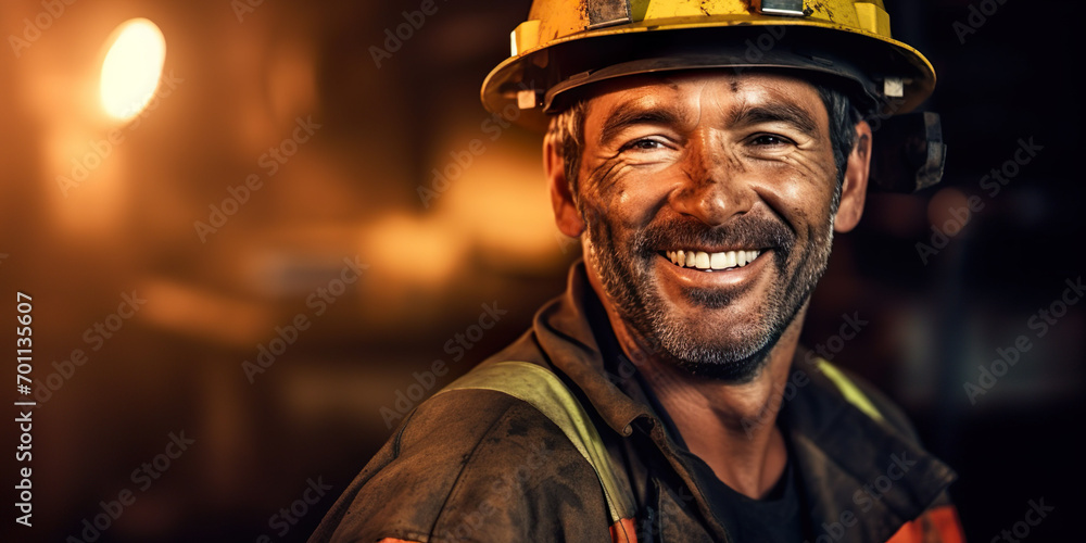 Fototapeta premium Latino miner working, smiling at camera