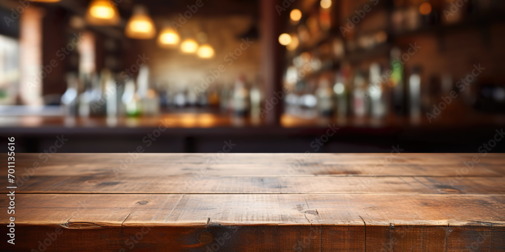 Empty wooden table with bar in blur background Empty wooden table with bar in blur background