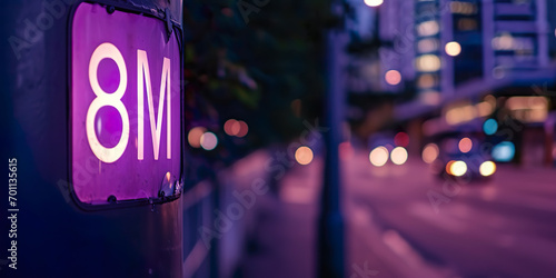  8M sign with city background, bokeh lights. March 8, purle  photo