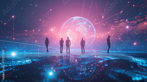 3D tech illustration of a data analytics tool with a globe illustration of the world and silhouettes of businesspeople photo